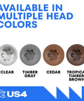 Available colors of Built Tough Stainless Steel Self Drilling Screws With T25 Star Drive: Clear, Timber Gray, Cedar, and Tropical Timber Brown.