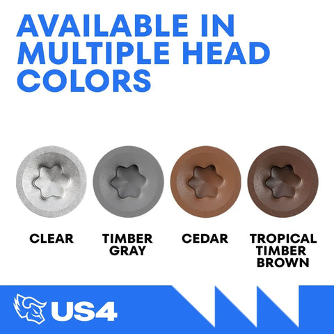 Available colors of Built Tough Stainless Steel Self Drilling Screws With T25 Star Drive: Clear, Timber Gray, Cedar, and Tropical Timber Brown.
