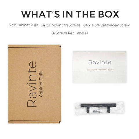 32 Pack 7.38 Inch Matte Black Cabinet Pulls stainless steel handles box contents with screws and installation guide.