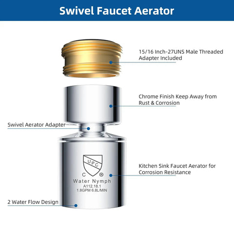 Dual Function Faucet Aerator With 360 Degree Swivel Sprayer, Chrome Finish, 55/64 Inch Female Thread, Kitchen Sink Adapter