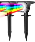 Color Changing Solar Lights Outdoor Waterproof Multicolor RGB With Auto On Off 7 Lighting Modes For Garden Decor Backyard Ambience And Yard Vibes 2 Pack, displaying vibrant beams and black stakes.