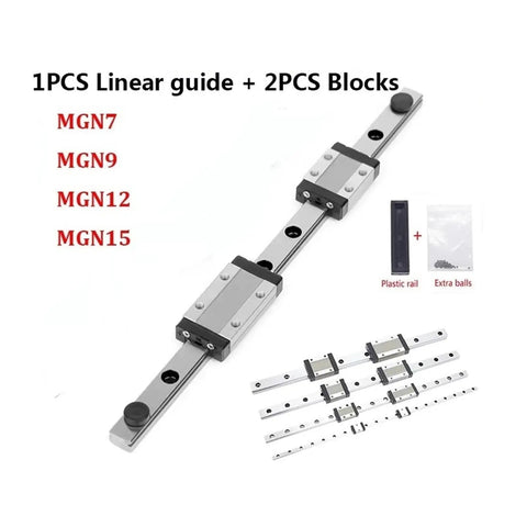 Durable Linear Rail Kit For CNC Machines And 3D Printers With 650mm Rail And Two MGN9 Black Slide Blocks shown on white background