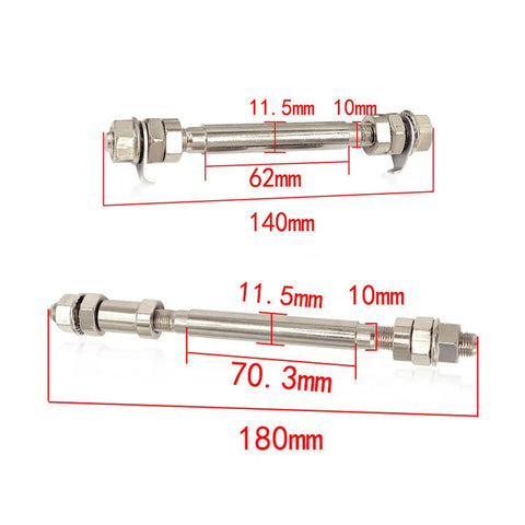 Two Pack Bike Wheel Hub Axles With Bearings 140mm Front And 182mm Rear Kit, detailed view with measurements.