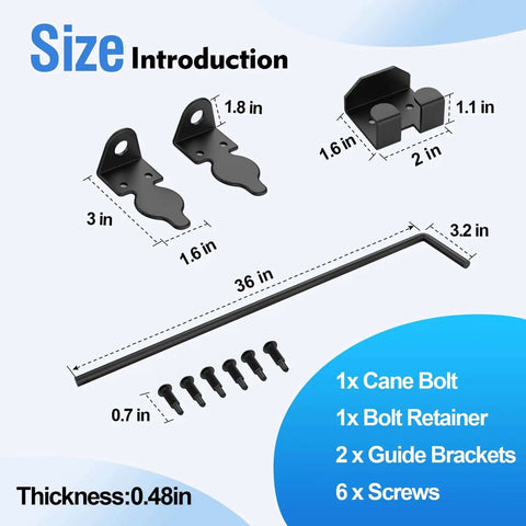 36 Inch Cane Bolt Heavy Duty Gate Drop Rod Latch For Wood Fence Metal Gate Vinyl Fence Ground Fix Floor Latch Black Coating Durable Weather Resistant Finish 1 Pack size and components diagram