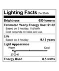 Lighting facts for Soft White BR30 LED Light Bulbs 8.5W Replacement for 65W, 650 lumens, 2700K, 9.13 years life