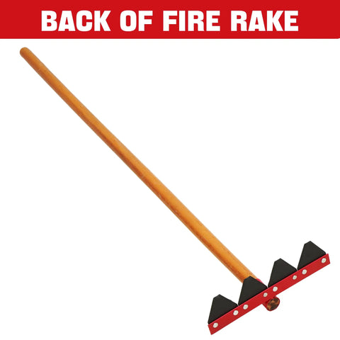 Back view of Built Tough Fire Rake With 55 Inch Wood Handle For Wildland Firefighting And Garden Cleanup, Durable Rake Tool, Red.
