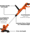 2 In 1 Weed Wacker And Edger With Wheel Guide, 14 Inch Electric Trimmer, 6.5 Amp Power, Auto Feed Spool features and design