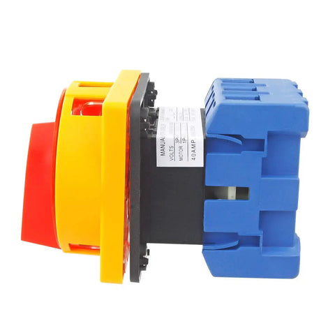 Side view of Universal Go-To 2-Position 3-Phase Changeover Switch with Rotary Panel Selector, showing 40A 690V AC, 6 terminals.