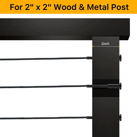 Pack Of 50 One Eighth Inch Black T316 Stainless Steel Invisible Cable Railing Kit With Swage Stud Ends For Decks Stairs Wood And Metal Posts Rugged Outdoor Weatherproof Cable Railing Hardware showing detail of cable attachment on 2x2 wood and metal post