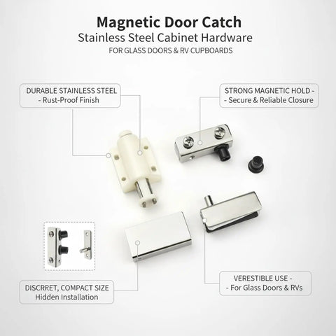 Magnetic Cabinet Catch For Glass Doors And RVs, Stainless Steel Slim Profile Latch Hardware, 1 Pack, shown with components and features.