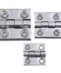 Three stainless steel detachable slip joint cabinet door hinges with lift-off capability and soft close damping system.