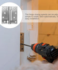 Installation of Spring Loaded Self Closing Door Hinges 2 Pack No Fuss, 201 Stainless Steel with drill and mounting screws.