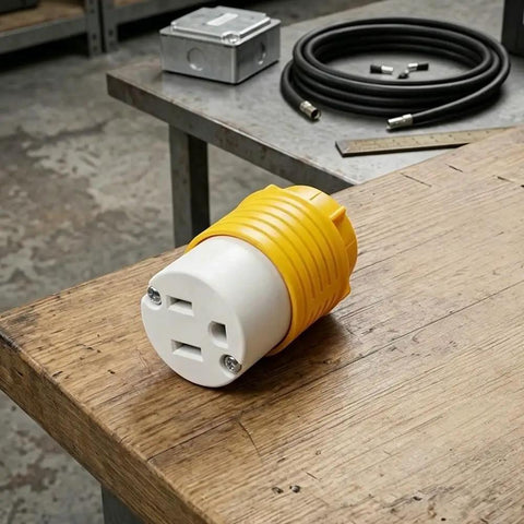 Heavy Duty NEMA 5-15P To Dual Receptacle Adapter 15 Amp 125 Volt on wooden workbench with yellow connector.