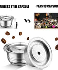 Reusable Stainless Steel Coffee Capsule Filter And Pod Holder For VertuoLine GCA1 Plus And Vertuo Plus Series Save Cash On Every Brew Compatible With ENV 135 150 Eco Friendly Brew 240ml Capacity With Cleaning Brush Included shown next to plastic capsules with coffee beans.