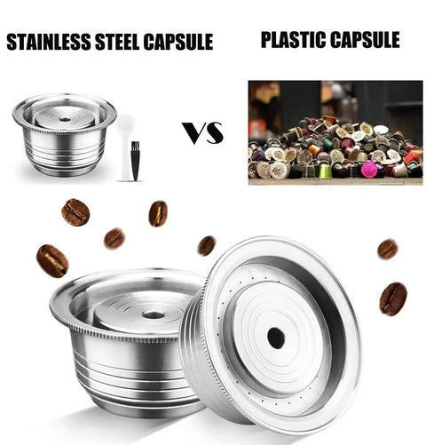 Reusable Stainless Steel Coffee Capsule Filter And Pod Holder For VertuoLine GCA1 Plus And Vertuo Plus Series Save Cash On Every Brew Compatible With ENV 135 150 Eco Friendly Brew 240ml Capacity With Cleaning Brush Included shown next to plastic capsules with coffee beans.