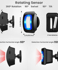 Rotating motion sensor showing angles for Motion Sensor LED Light With Wireless Alarm Chimes And 500 Ft Range.