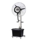 Workhorse Industrial Misting Fan With 42L Water Tank And Large Stainless Blades For Commercial Beat The Heat Cooling High Velocity Oscillating Floor Spray Unit on sturdy pedestal with rolling wheels.
