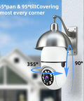 Dual Band Bulb Security Cam With 5G And 2.4G WiFi, 2K Clarity, installed outdoor wireless spotlight on wall showing pan and tilt angles