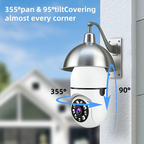 Dual Band Bulb Security Cam With 5G And 2.4G WiFi, 2K Clarity, installed outdoor wireless spotlight on wall showing pan and tilt angles