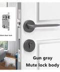 Room Door Handle Split Lock Hardware For Bedroom, Gun Gray Door Knob Set, shown installed on door with silent lock inset.