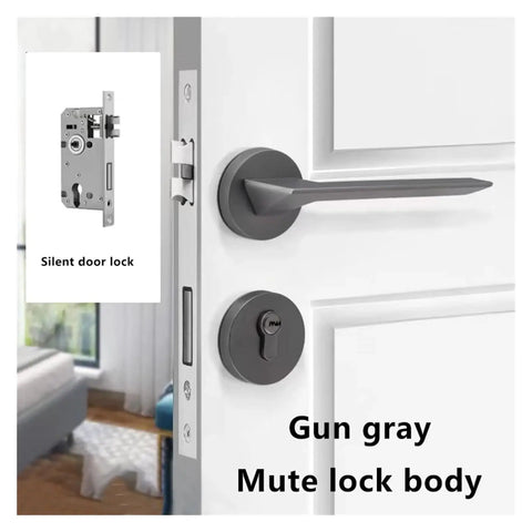 Room Door Handle Split Lock Hardware For Bedroom, Gun Gray Door Knob Set, shown installed on door with silent lock inset.