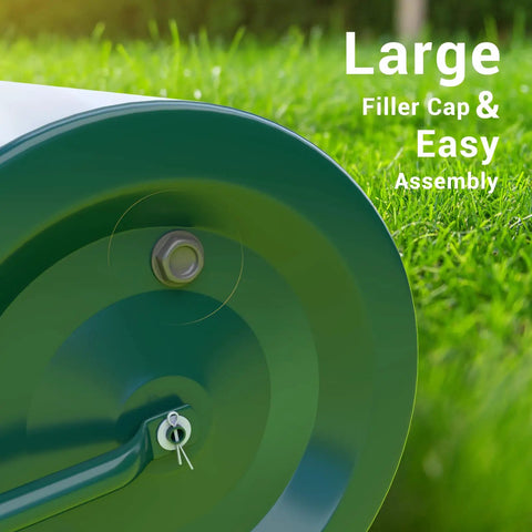 Close-up of Heavy Duty Push Or Tow Behind Garden Roller Water Or Sand Filled Drum Roller cap and assembly feature in green finish.