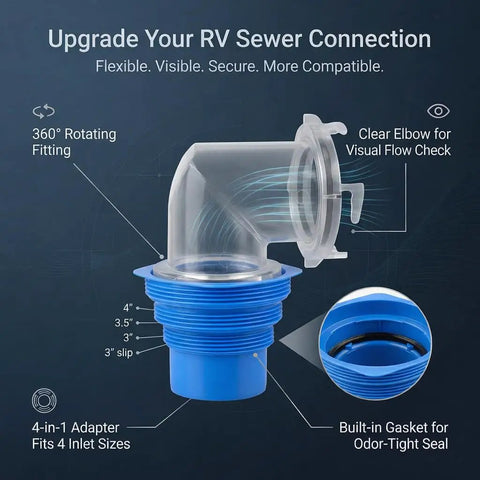 RV Sewer Hose Elbow 4-In-1 Adapter With Odor Tight Gasket And 360 Degree Swivel, Leakproof RV Fitting For Dump Station Inlets, Universal 3 To 4.5 Inch Inlet Compatibility, Clear See-Through Design, blue threaded elbow with gasket