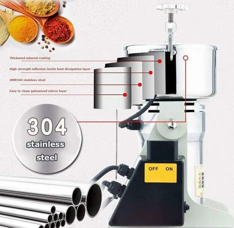 Diagram showing the Electric Grain Grinder Mill High Speed Powder Machine components with 304 stainless steel build