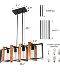 Antique Wood Chandelier For Kitchen Island With 4 Lights, 31.5 Inch Rectangular Pendant dimensions and bulb types shown