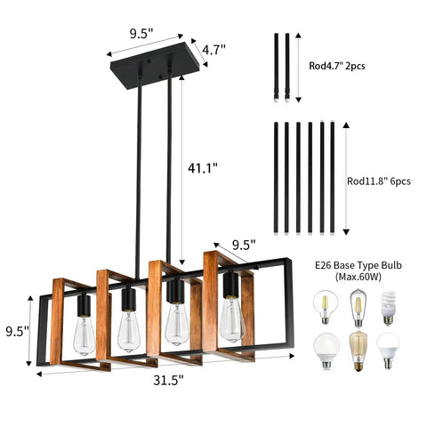 Antique Wood Chandelier For Kitchen Island With 4 Lights, 31.5 Inch Rectangular Pendant dimensions and bulb types shown