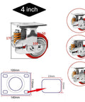 4 inch Heavy Duty Spring Loaded Caster Wheel with swivel brake system and polyurethane tire, showing dimensions for garage project use.