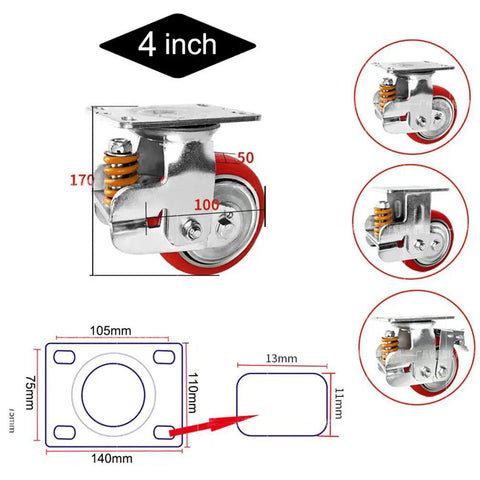 4 inch Heavy Duty Spring Loaded Caster Wheel with swivel brake system and polyurethane tire, showing dimensions for garage project use.