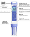 Digital pH Meter With 0.01pH Precision showing features and display, includes replaceable probe for aquariums and hydroponics use.