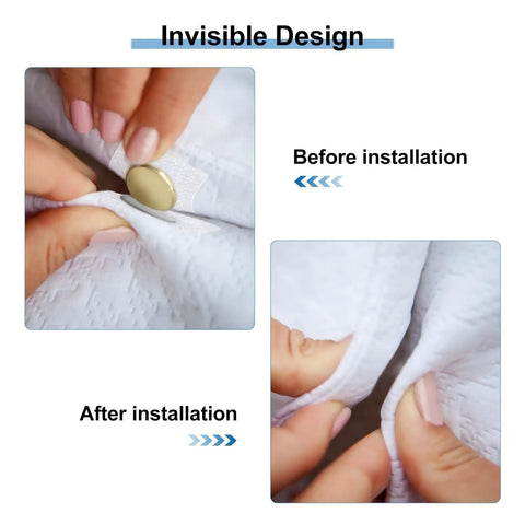 40 Piece Sew In Magnetic Snap Closures For Thin Fabric Up To 2 Mm, showing installation process on light fabric.