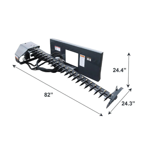 Beast Mode Sickle Bar Mower for skid steer loaders, 72 inch cutting length, gerotor motor drive, shown with dimensions.