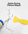 Drywall Repair Kit 4.2oz Spackle With Patch Patches Sandpaper And Scraper For Quick And Easy Hole Fix On Walls DIY Patch Job Includes Nozzle Extender Now, showing spackle tube with nozzle extender and yellow scraper next to wall crack.