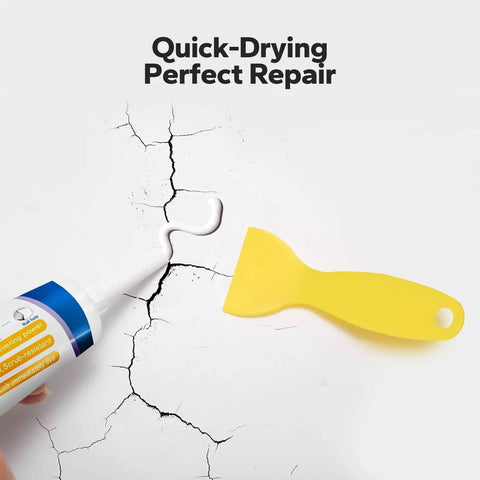 Drywall Repair Kit 4.2oz Spackle With Patch Patches Sandpaper And Scraper For Quick And Easy Hole Fix On Walls DIY Patch Job Includes Nozzle Extender Now, showing spackle tube with nozzle extender and yellow scraper next to wall crack.