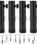 Heavy Duty 4 Pack Table Leg Extenders Raise Height From 3.6 To 5.2 Inches, black steel risers and white folding tables.