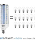 Two Pack Dope LED Corn Light Bulbs 60W Equivalent To 500W, 5500 Lumen, comparison with incandescent bulbs, side view.