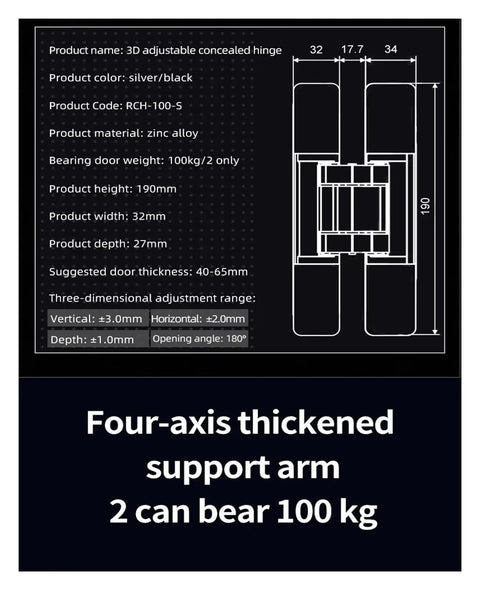 Heavy Duty Door Hinge 100Kg Concealed Adjustable Hinge for 180 Degree Swing specifications diagram