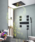 Premium Thermostatic Shower System With LED Strip And Bass Boost Music, Badass Black 6-Way Rain Shower Combo in modern bathroom.