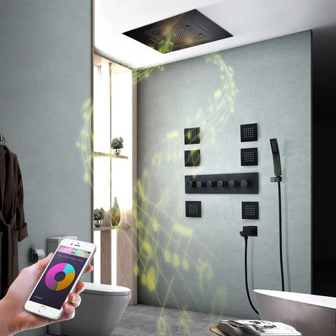 Premium Thermostatic Shower System With LED Strip And Bass Boost Music, Badass Black 6-Way Rain Shower Combo in modern bathroom.