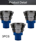 Three Pack One Half Inch Thread Three Way Manifold Block Splitter Quick Connect Air Hose Splitter in silver and blue