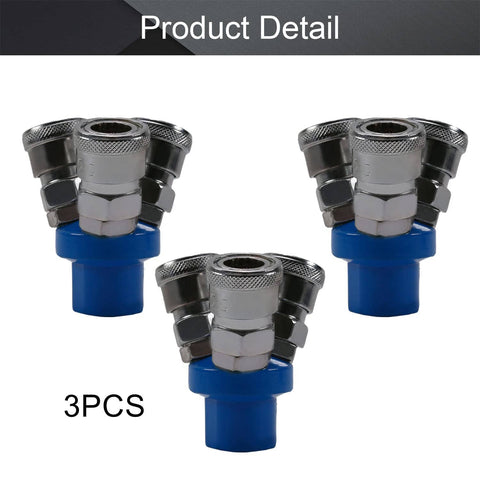 Three Pack One Half Inch Thread Three Way Manifold Block Splitter Quick Connect Air Hose Splitter in silver and blue