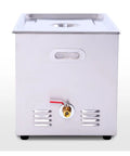 Hualuck Ultrasonic Vinyl Record Cleaner With Heating Feature Stainless Tank, front view showing heating control and drainage valve.