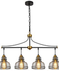 Rustic Lit 4 Light Pendant Lighting For Kitchen Island With clear glass shades and black metal frame, side view.