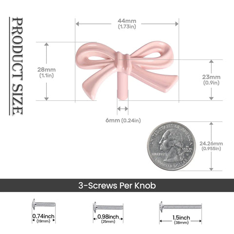 Pink Bow Dresser Knobs 16 Pack with dimensions and screws for Girls Bedroom and Nursery Decor includes 3 size screws shown