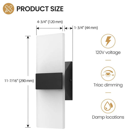 Sleek Black Modern LED Wall Sconce Dimmable Indoor Lighting Adjustable 5CCT Shade Hardwired Wall Lamp For Living Room Bedroom Bathroom Damp Rated 12 Inch dimensions with size details.