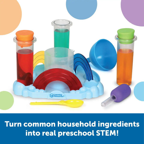 Rainbow Reactions 14 Piece Preschool Science Lab Kit For Kids Age Four And Up With Color Mixing Experiments And Hands On Colorful STEM Activities For Boys And Girls including colorful test tubes and tools.