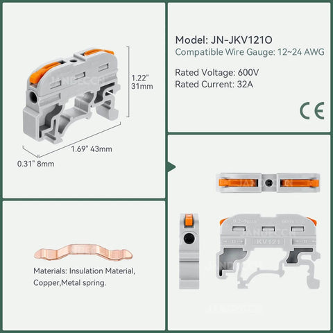 50 Pack DIN Rail Terminal Blocks For 24 To 12 AWG Wire Compact Conductor Connectors Insulated Flame Retardant Easy Lock